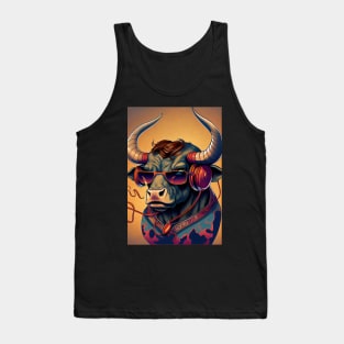 Psychedelic bull wearing headphones and sunglasses Tank Top